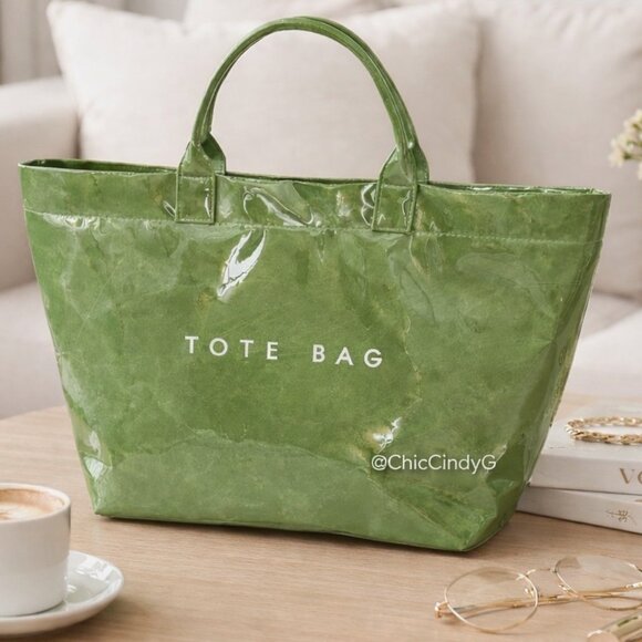 Large Green PVC Tote Bag Lightweight Glossy Everyday Shopping Handbag - Picture 2 of 4